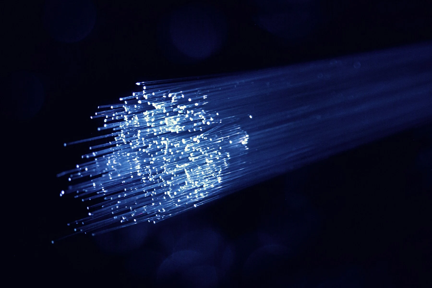 A bundle of optical fibres illuminated with blue and white light against a dark background
